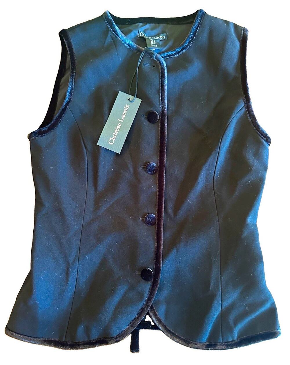 ⁠NWT Christian Lacroix Black Velvet Trim Sleeveless Vest 4 US 34 EU